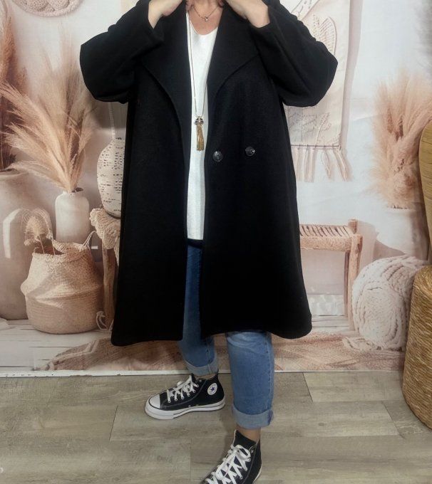 Manteau de printemps mi-long oversize noir réglable 2 boutons douceur +++ du 40 au 50 et même + 