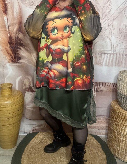Top manches longues kaki Betty Boop Mère Noël doublé fine polaire du 40 au 54/56  