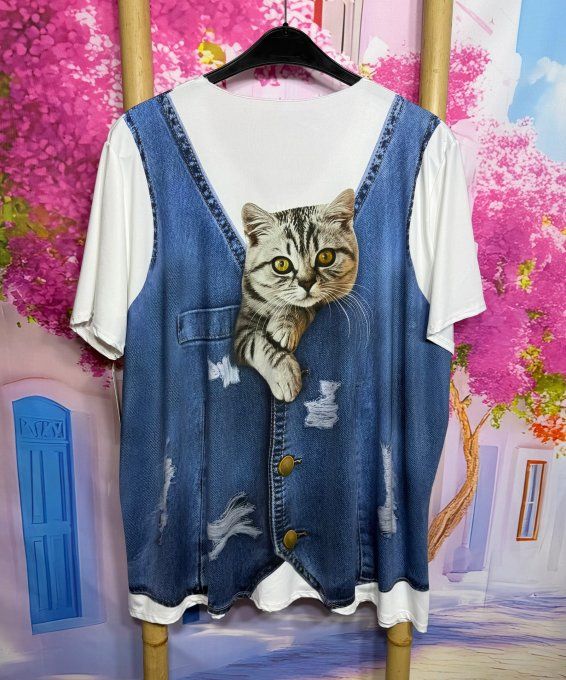 Tee-shirt fin trapèze oversize lycra blanc effet veste en jeans Le chat malicieux du 42 au 54/56