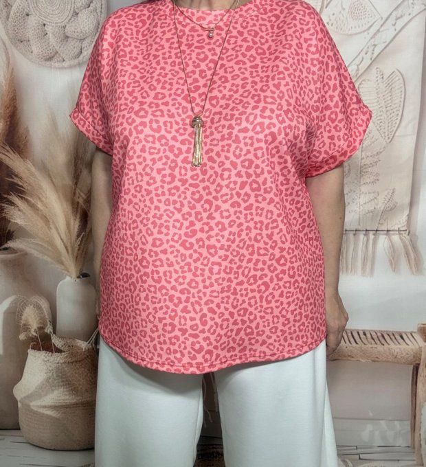 Sweat ample manches courtes Léopard Corail & Rose Abricoté du 40 au 52/54