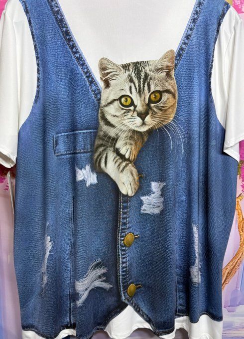 Tee-shirt fin trapèze oversize lycra blanc effet veste en jeans Le chat malicieux du 42 au 54/56