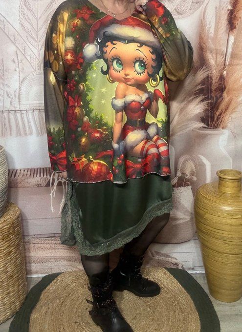 Top manches longues kaki Betty Boop Mère Noël doublé fine polaire du 40 au 54/56  