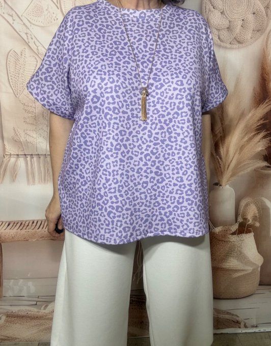 Sweat ample manches courtes Léopard Lilas & Violet du 40 au 52/54  