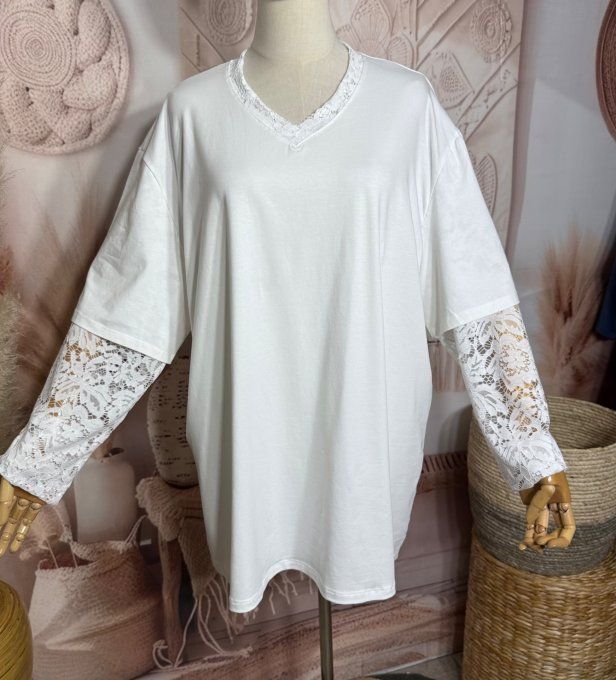 Top "2 en 1" col et manches longues en dentelle blanche qualité +++ du 40 au 52/54 