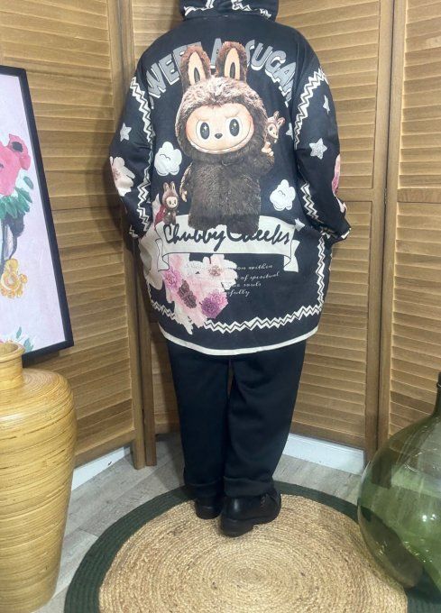 Veste à capuche suédine noire Labubu Sweet Sugar du 40 au 50 et même +
