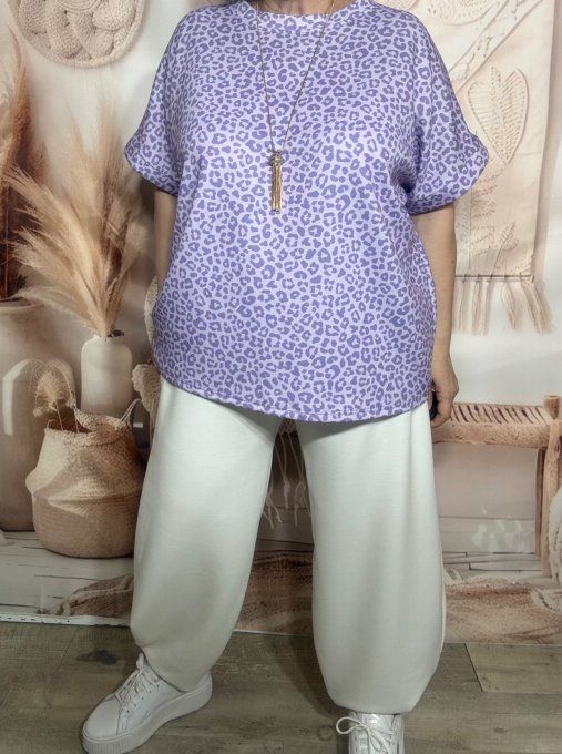 Sweat ample manches courtes Léopard Lilas & Violet du 40 au 52/54  