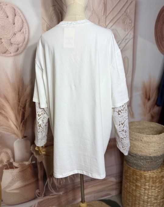 Top "2 en 1" col et manches longues en dentelle blanche qualité +++ du 40 au 52/54 