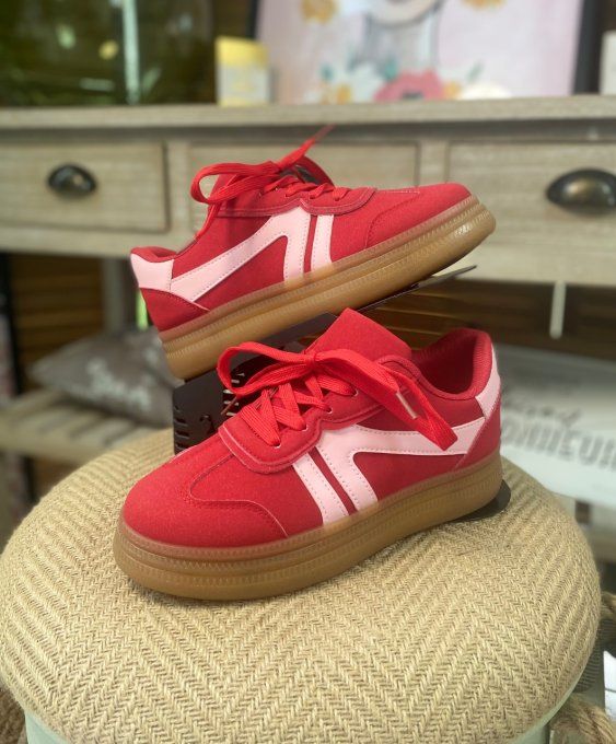 Baskets compensées à lacets suédine rouge & rose poudré confort ++++ du 38 au 41 