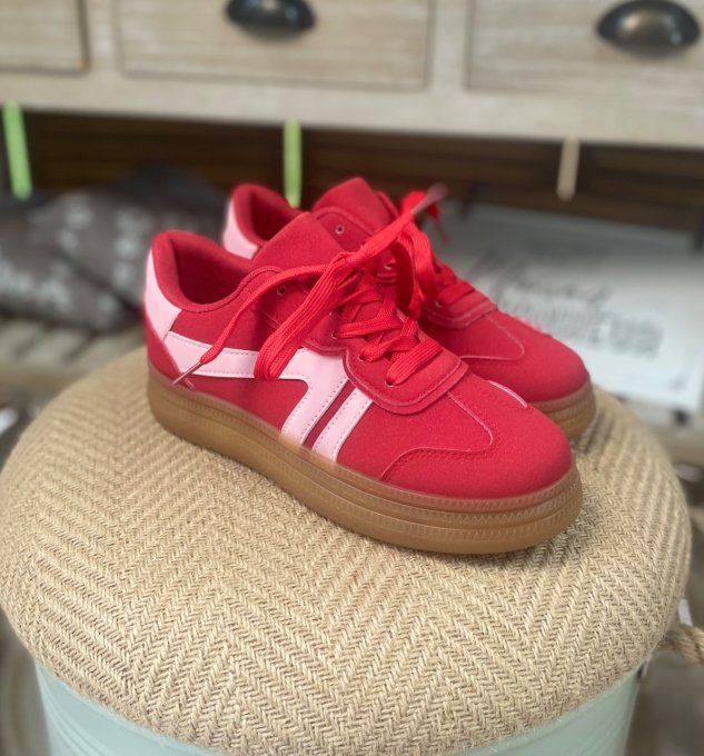 Baskets compensées à lacets suédine rouge & rose poudré confort ++++ du 38 au 41 
