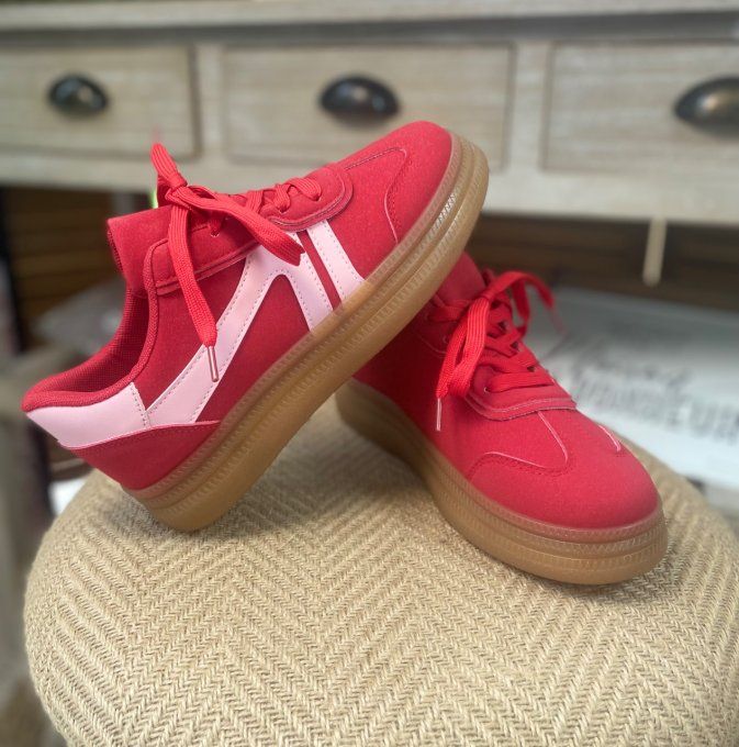 Baskets compensées à lacets suédine rouge & rose poudré confort ++++ du 38 au 41 
