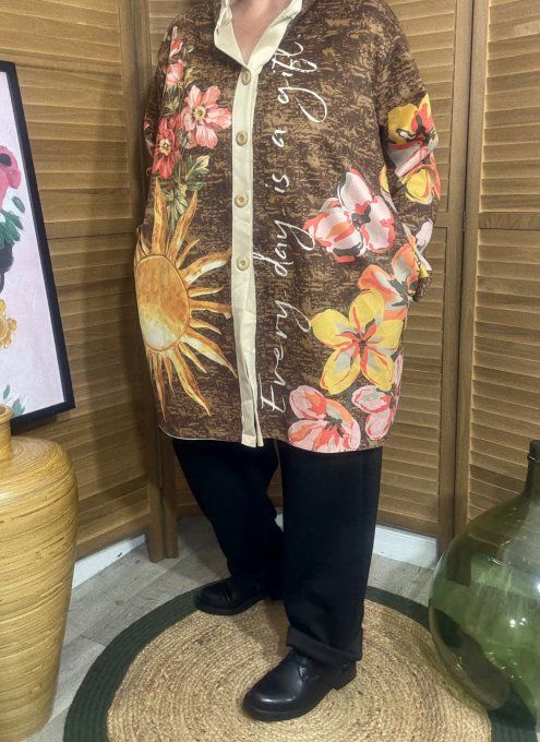 Veste à capuche suédine camel Frida Kahlo aux Fleurs du 40 au 50 et même + 