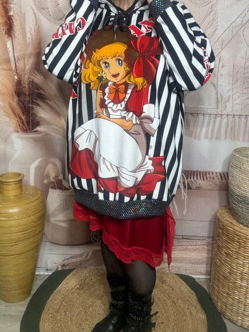 Sweat à capuche long velours Au Pays de Candy paillettes douceur +++ du 38 au 50