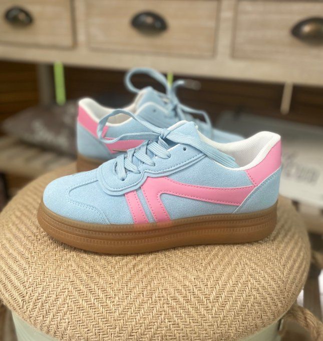 Baskets compensées à lacets suédine bleu ciel & rose bonbon confort ++++ du 38 au 41 