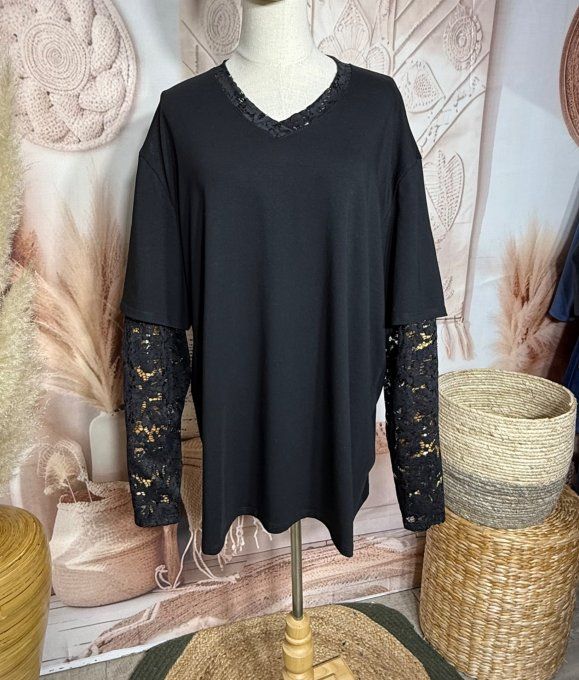 Top "2 en 1" col et manches longues en dentelle noire qualité +++ du 40 au 52/54