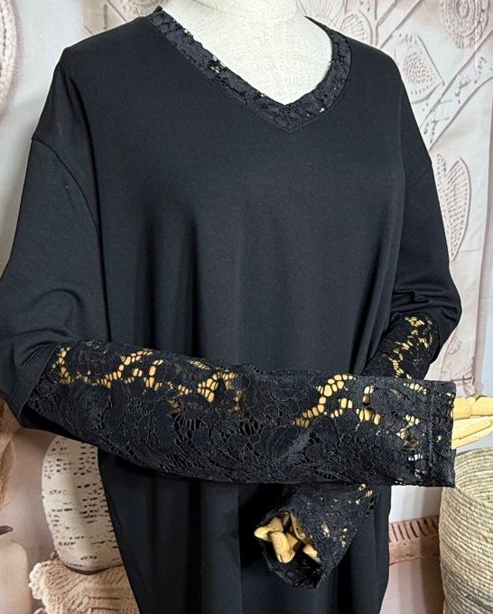 Top "2 en 1" col et manches longues en dentelle noire qualité +++ du 40 au 52/54