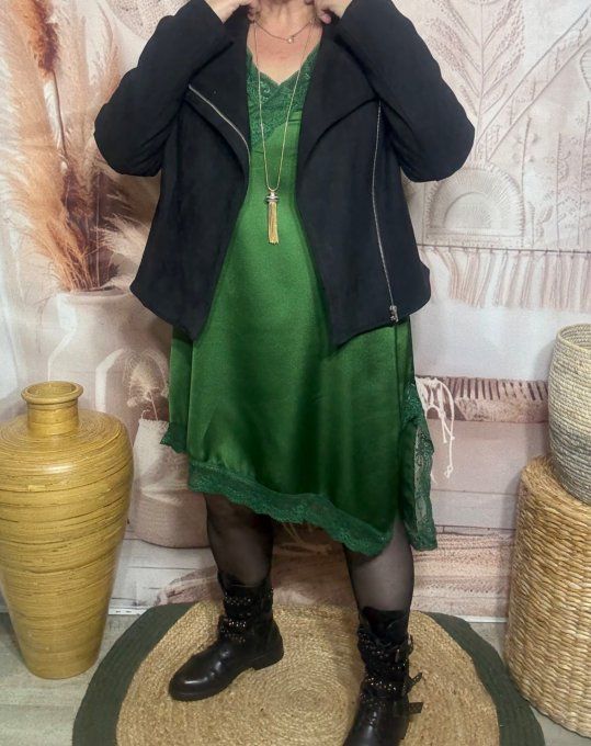 Robe nuisette asymétrique satinée vert bouteille et dentelle du 36 au 46