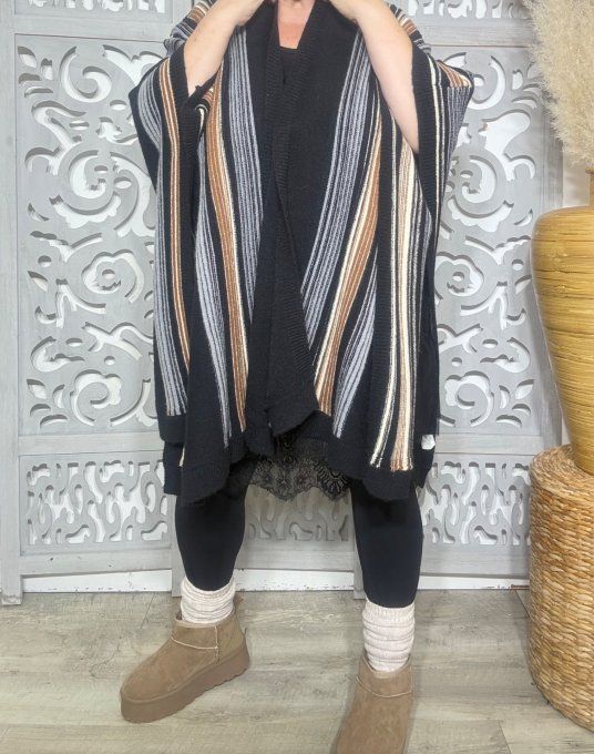 Poncho oversize SANS LAINE rayé noir camel gris crème lurex doré Douceur +++ TOUTES TAILLES