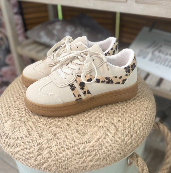 Baskets compensées à lacets suédine beige clair & Léopard confort ++++ du 38 au 41 