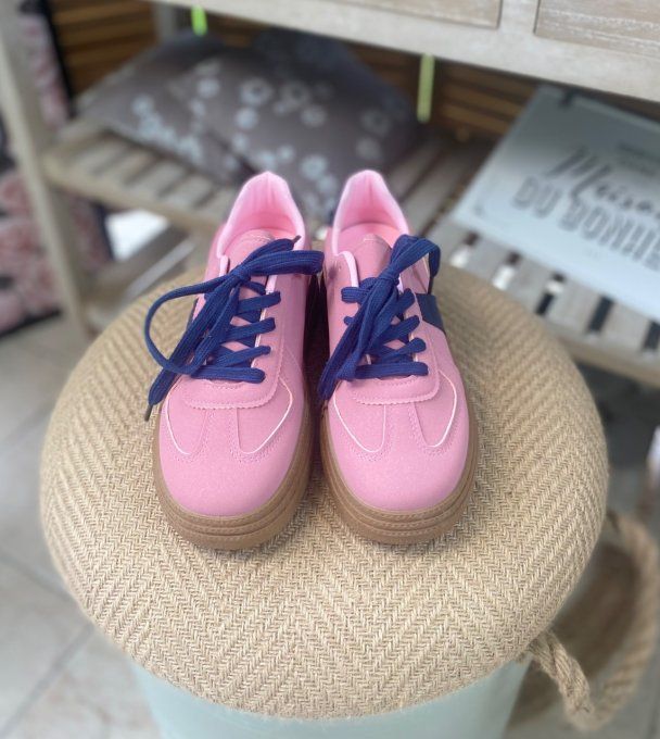 Baskets compensées à lacets suédine rose poudré & marine confort ++++ du 38 au 41 