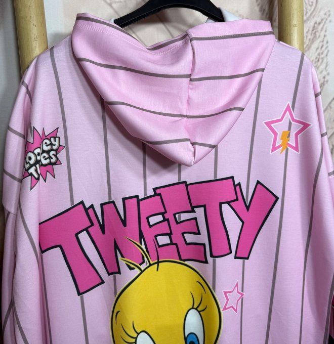 Sweat à capuche ample rose bébé rayé Tweety US Looney Tunes du 40 au 52/54