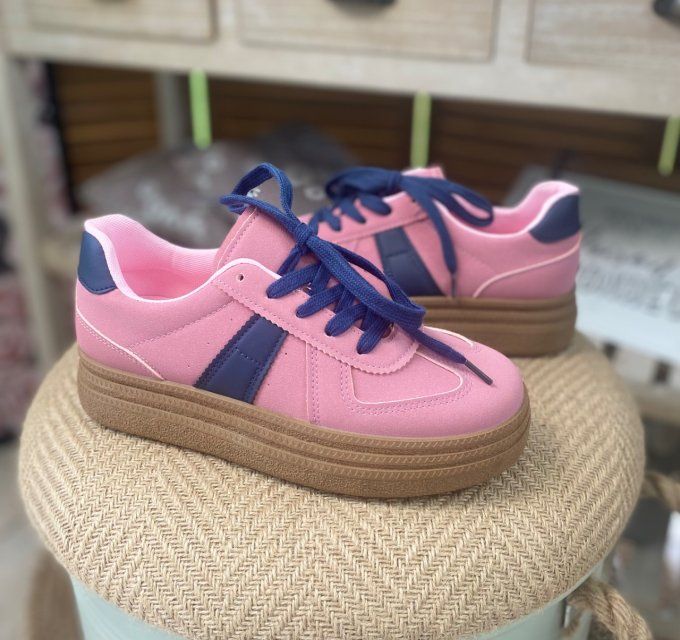 Baskets compensées à lacets suédine rose poudré & marine confort ++++ du 38 au 41 