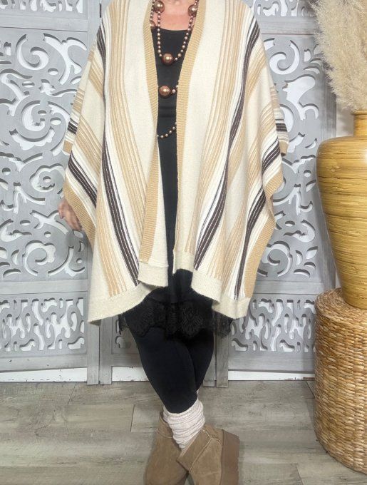 Poncho oversize SANS LAINE rayé beige camel choco lurex doré Douceur +++ TOUTES TAILLES 