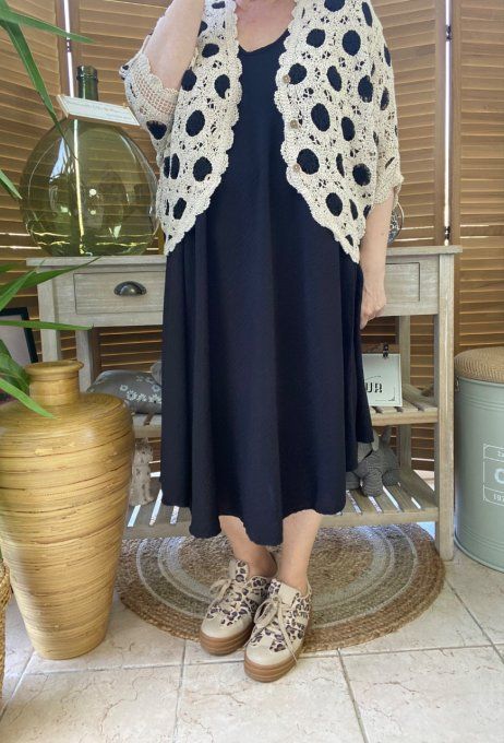 Gilet court façon boléro beige pois noirs broderies anglaise du 36 au 46 (si porté ouvert) 