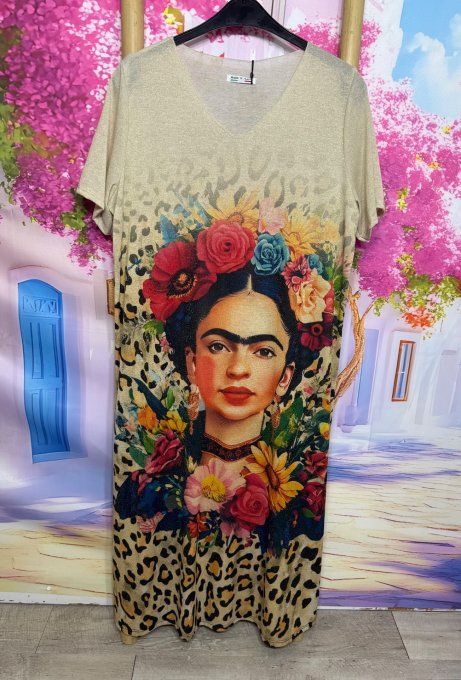 Robe droite longue Lurex pailleté doré Léopard Frida Kahlo couronne de Fleurs du 38 au 48/50 