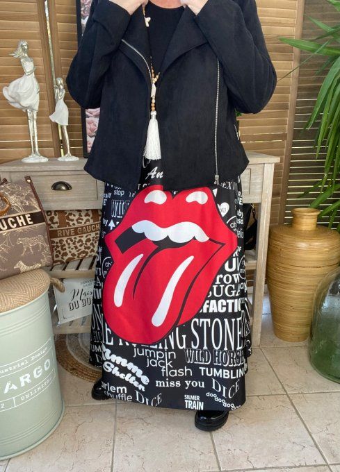 Jupe longue ample satinée noire Rolling Stones du 40 au 50   