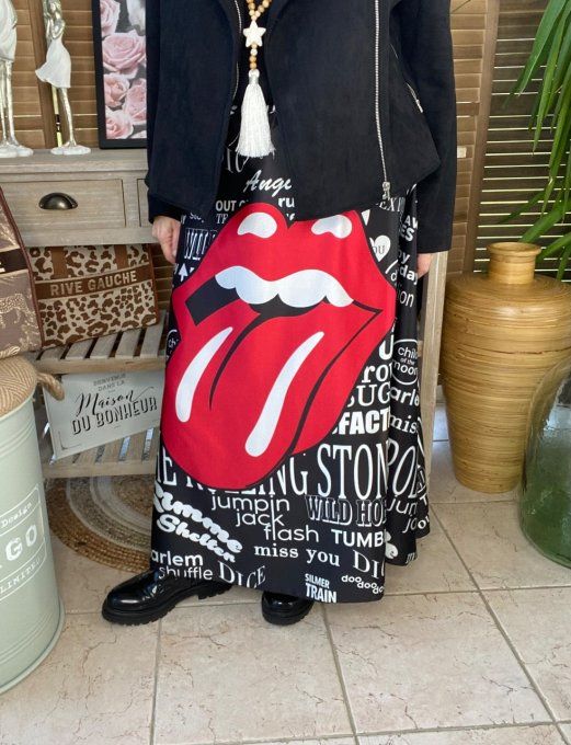 Jupe longue ample satinée noire Rolling Stones du 40 au 50   