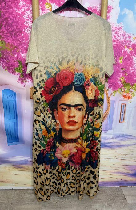 Robe droite longue Lurex pailleté doré Léopard Frida Kahlo couronne de Fleurs du 38 au 48/50 