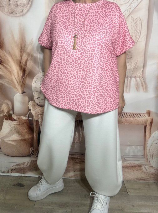 Sweat ample manches courtes Léopard Vieux Rose & Rose poudré du 40 au 52/54