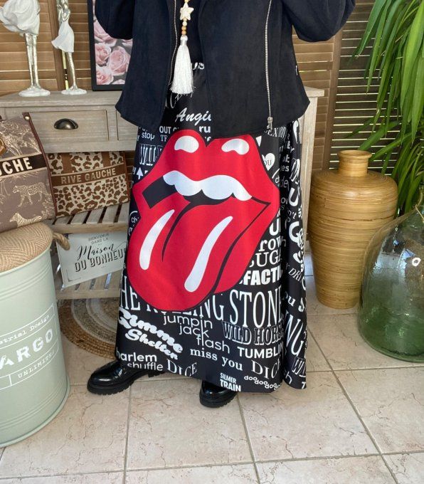 Jupe longue ample satinée noire Rolling Stones du 40 au 50   
