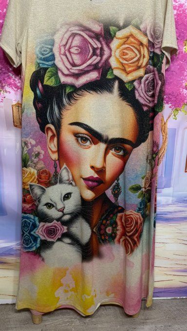 Robe droite longue Lurex pailleté doré Frida Kahlo et son chat du 38 au 48/50