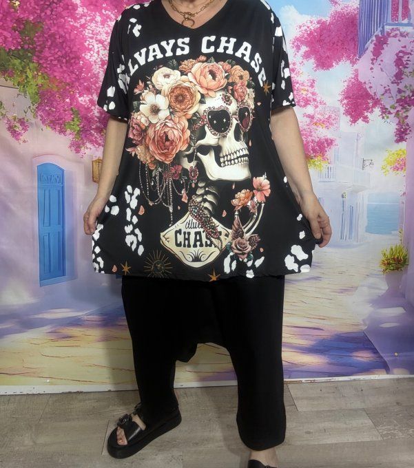 Tee-shirt fin trapèze oversize lycra noir Skulls TDM & Pink Roses du 42 au 54/56
