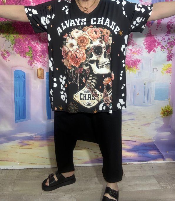 Tee-shirt fin trapèze oversize lycra noir Skulls TDM & Pink Roses du 42 au 54/56