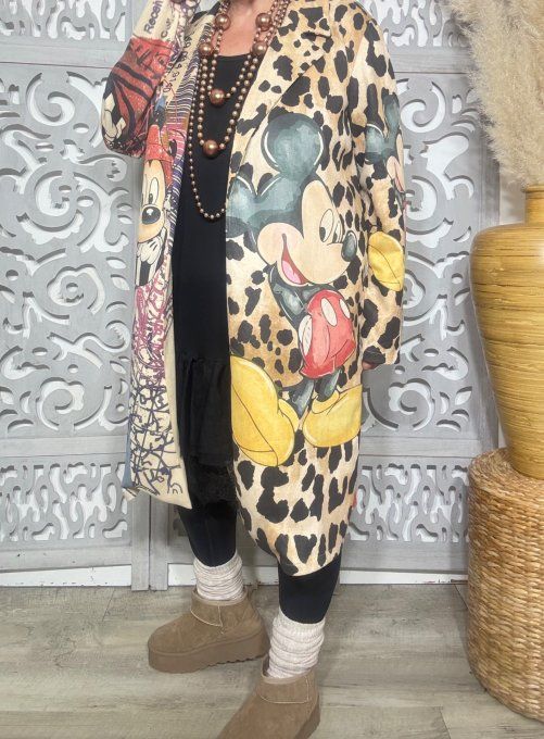 Veste longue suédine beige & multicolore Mickey Mouse Rétro Vintage Douceur ++ du 38 au 48 et même +