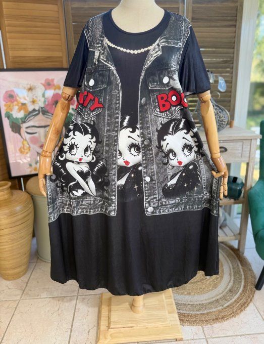 Robe longue noire et effet jeans noir brut délavé Betty Boop du 38 au 48/50 
