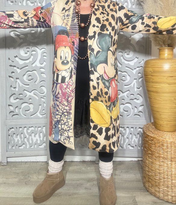 Veste longue suédine beige & multicolore Mickey Mouse Rétro Vintage Douceur ++ du 38 au 48 et même +