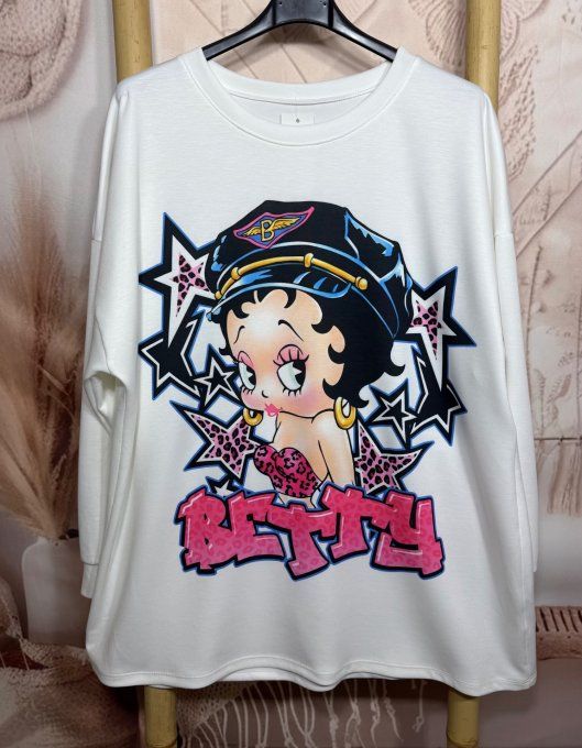 Sweat ample blanc Betty Boop Urban Street Vibes Etoile Léopard du 40 au 50/52 