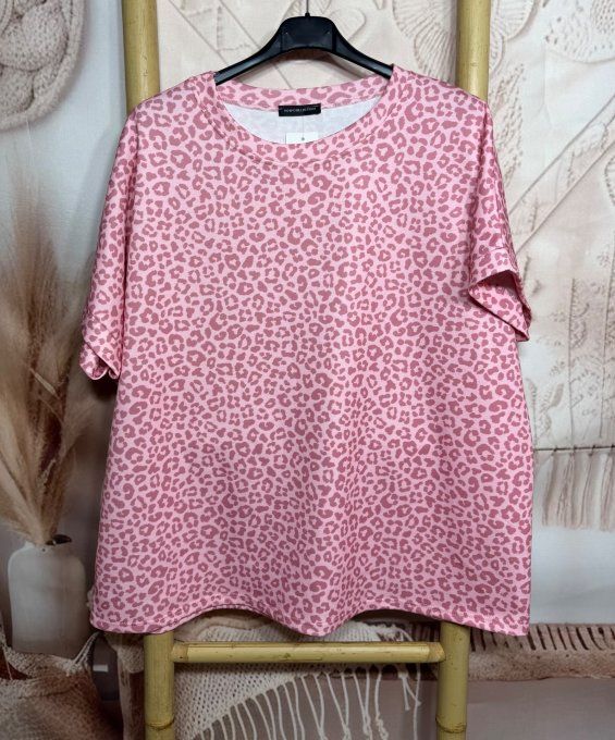 Sweat ample manches courtes Léopard Vieux Rose & Rose poudré du 40 au 52/54