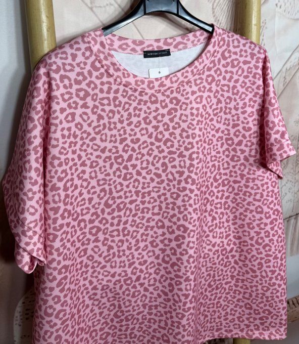 Sweat ample manches courtes Léopard Vieux Rose & Rose poudré du 40 au 52/54