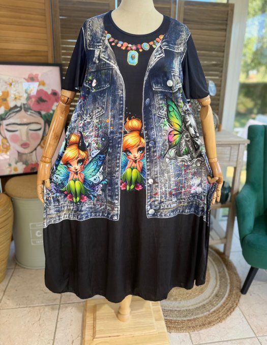 Robe longue noire et effet jeans brut délavé La Fée Clochette du 38 au 48/50 