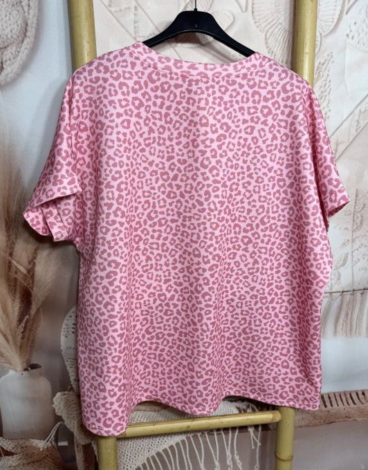 Sweat ample manches courtes Léopard Vieux Rose & Rose poudré du 40 au 52/54