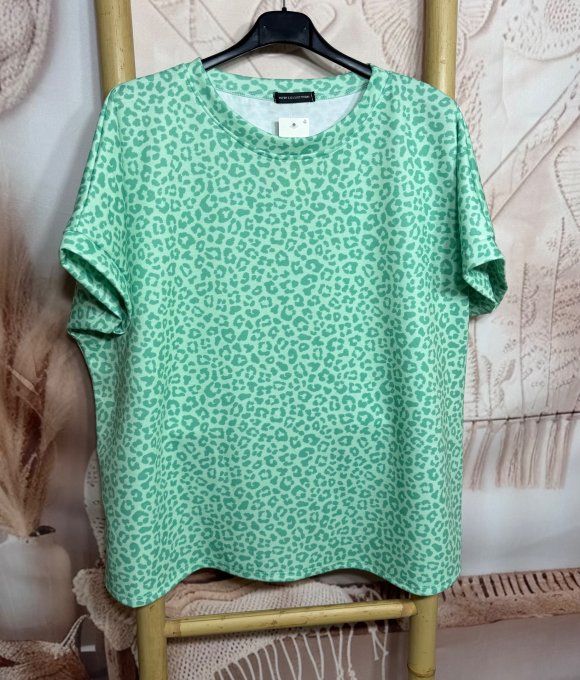 Sweat ample manches courtes Léopard Menthe & Vert d'eau du 40 au 52/54 