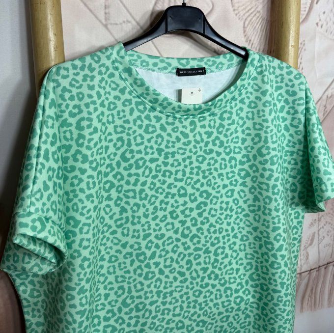 Sweat ample manches courtes Léopard Menthe & Vert d'eau du 40 au 52/54 
