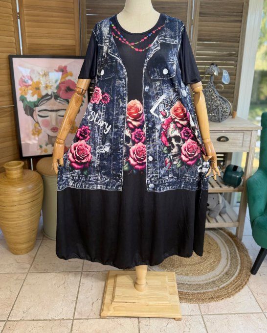 Robe longue noire et effet jeans noir brut délavé Duo de Skulls & Roses du 38 au 48/50