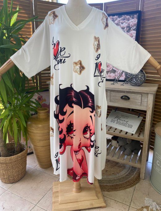 Robe trapèze longue ample blanche Betty Boop I Love You du 42 au 54/56 et + 