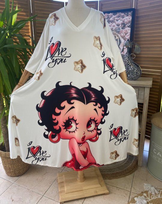 Robe trapèze longue ample blanche Betty Boop I Love You du 42 au 54/56 et + 