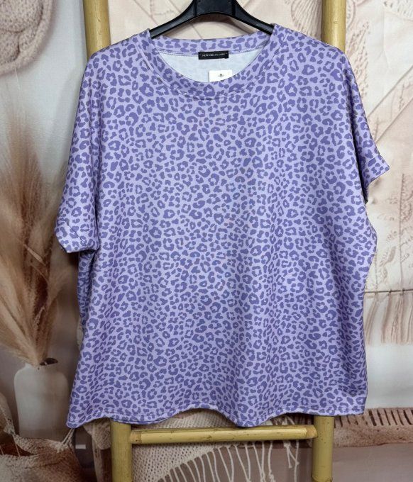 Sweat ample manches courtes Léopard Lilas & Violet du 40 au 52/54  